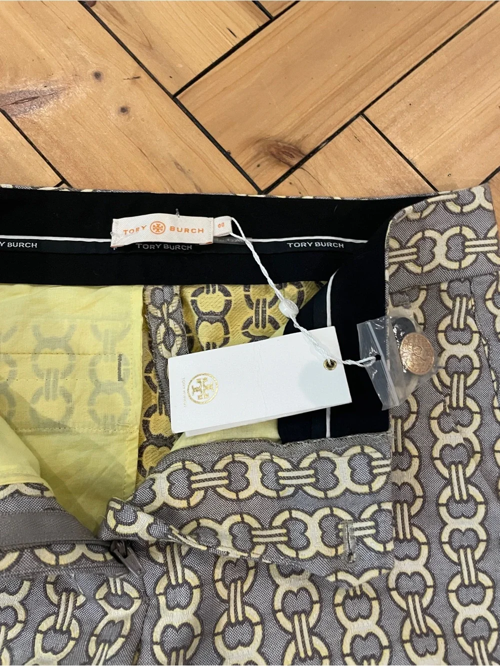 NWT Tory Burch Yellow & Brown Gemini Link Jacquard Pants - Size 00
